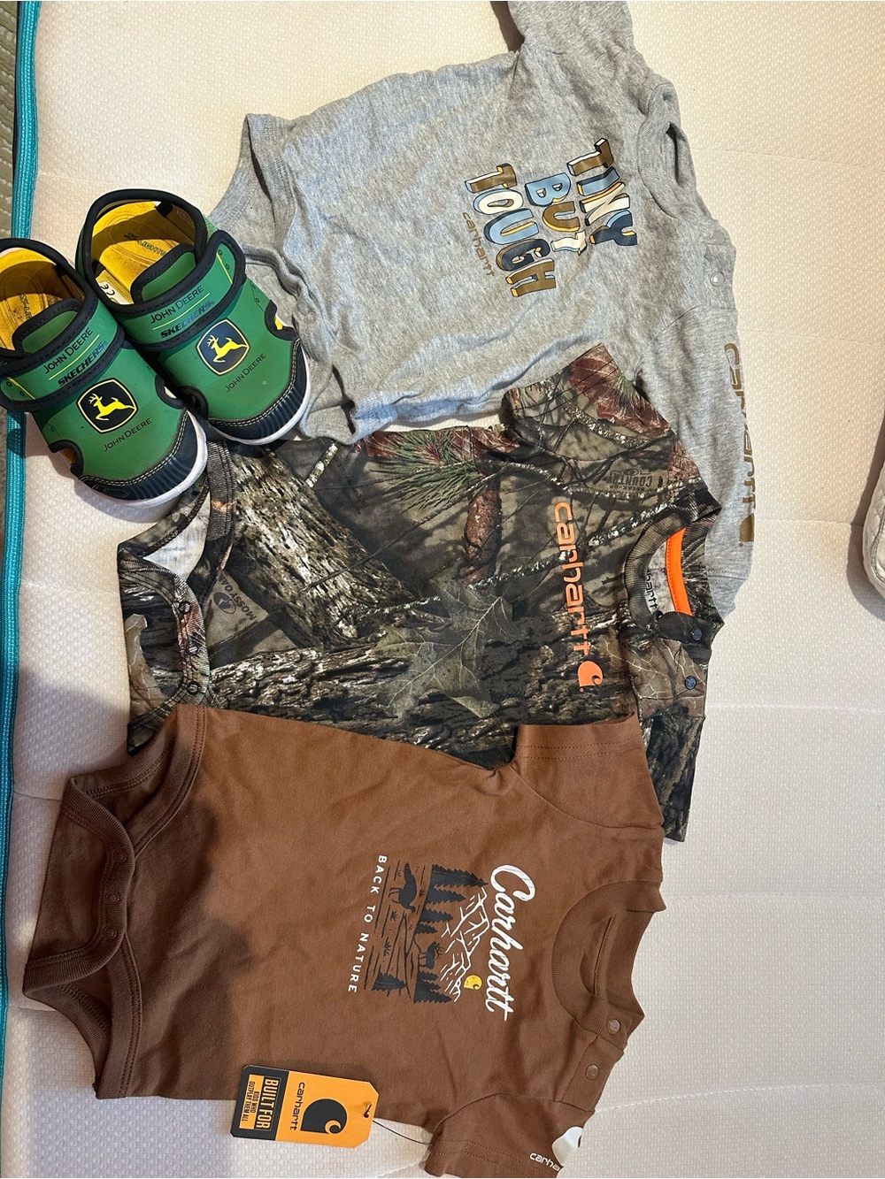 6 mo Carhartt Brown, Gray & Camo Kids Short-Sleeve Tees, farmer kid bundle